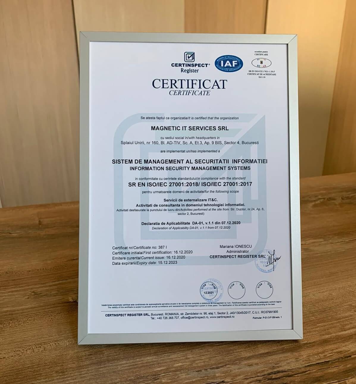 Certificat ISO 27001 Magnetic IT Services